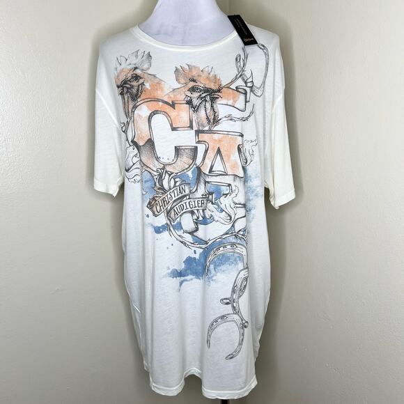NWT Christian Audigier Graphic Tee 2XL Unisex Crewneck Cream Vintage Casual Blue - Picture 1 of 10